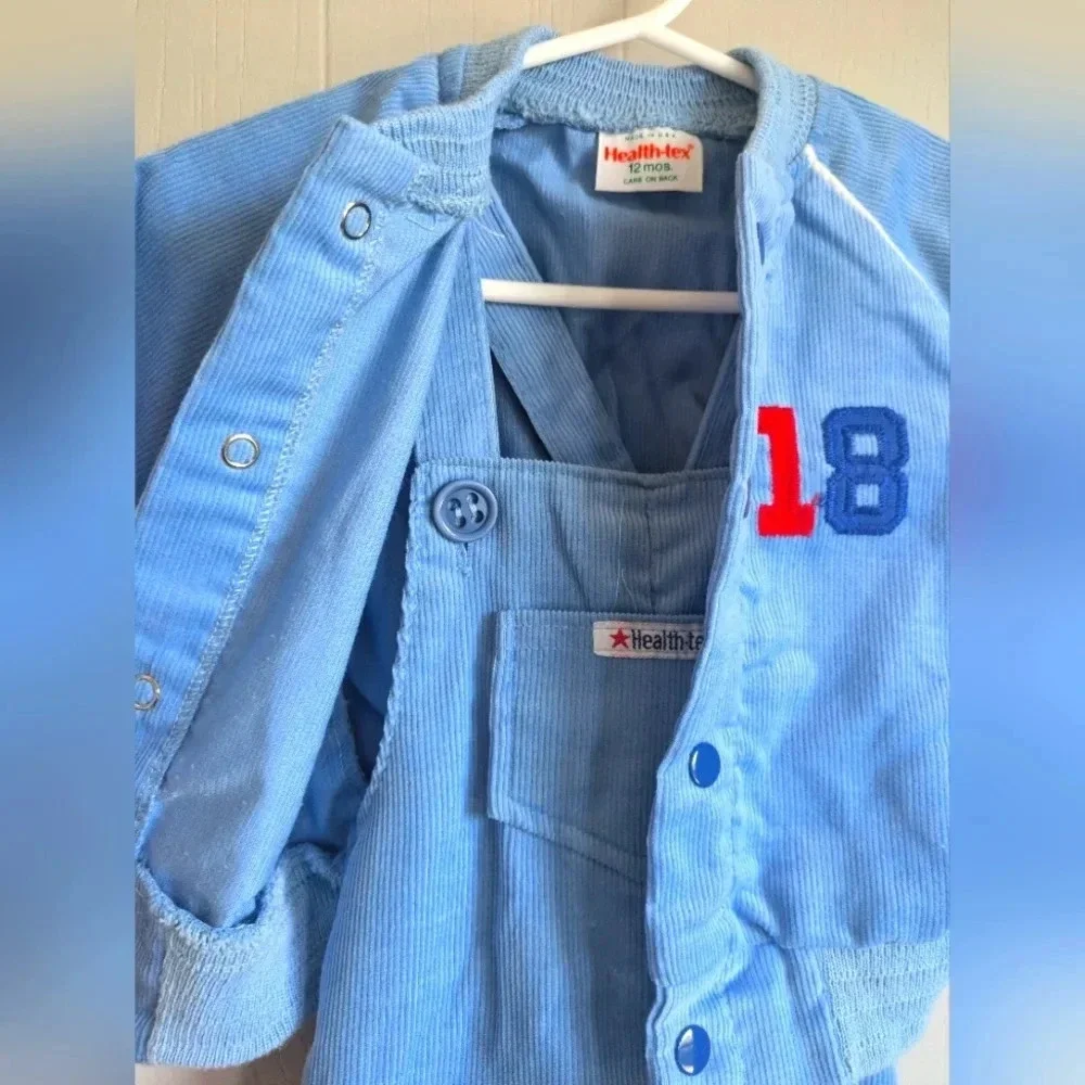 VTG 70s Health-tex Corduroy Overalls Jacket Set 12M Blue Sports Varsity Stripe